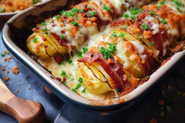 Gebackene Kartoffel mit Bacon und Käse gratiniert