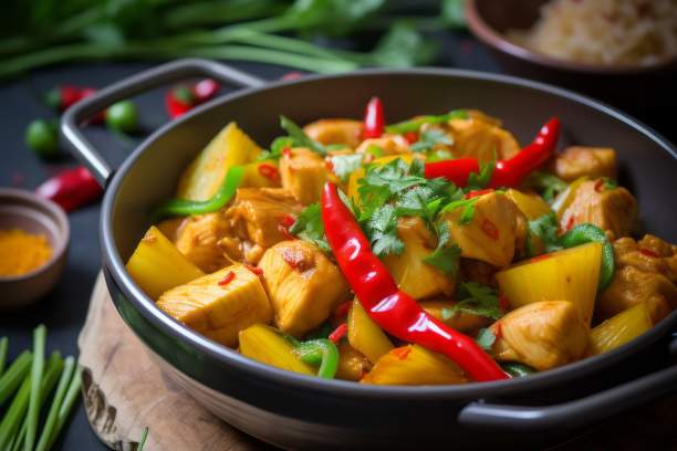 Hähnchen-Ananas Curry mit Paprika und Frühlingszwiebeln