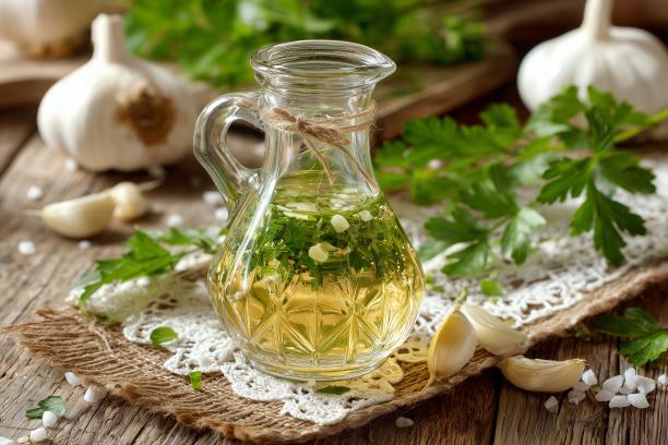 Knoblauch-Petersilien Öl im Glas
