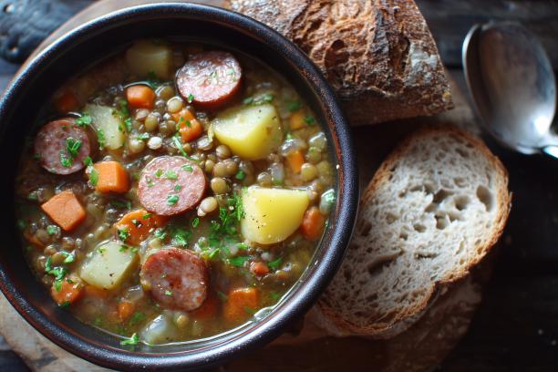 Linsensuppe mit Mettenden aus dem Dutch Oven