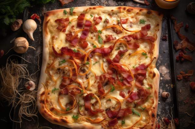 Flammkuchen mit Bacon und Zwiebeln