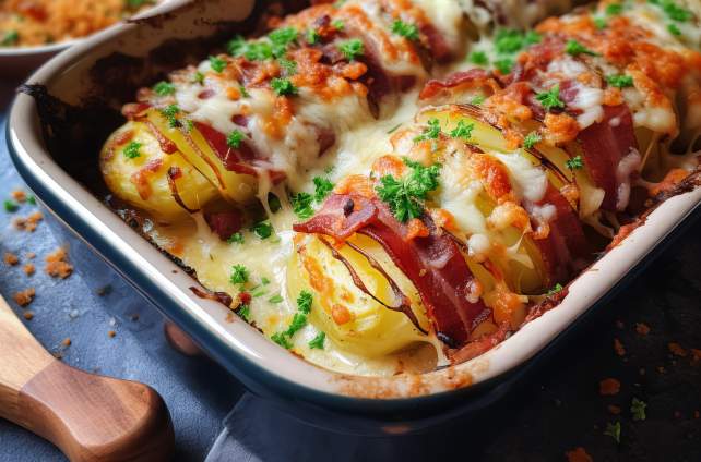 Gebackene Kartoffel mit Bacon und Käse gratiniert