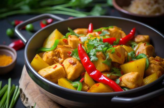 Hähnchen-Ananas Curry mit Paprika und Frühlingszwiebeln