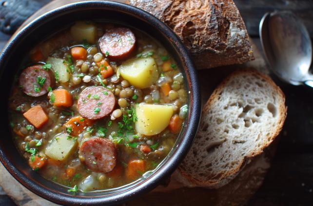Linsensuppe mit Mettenden aus dem Dutch Oven